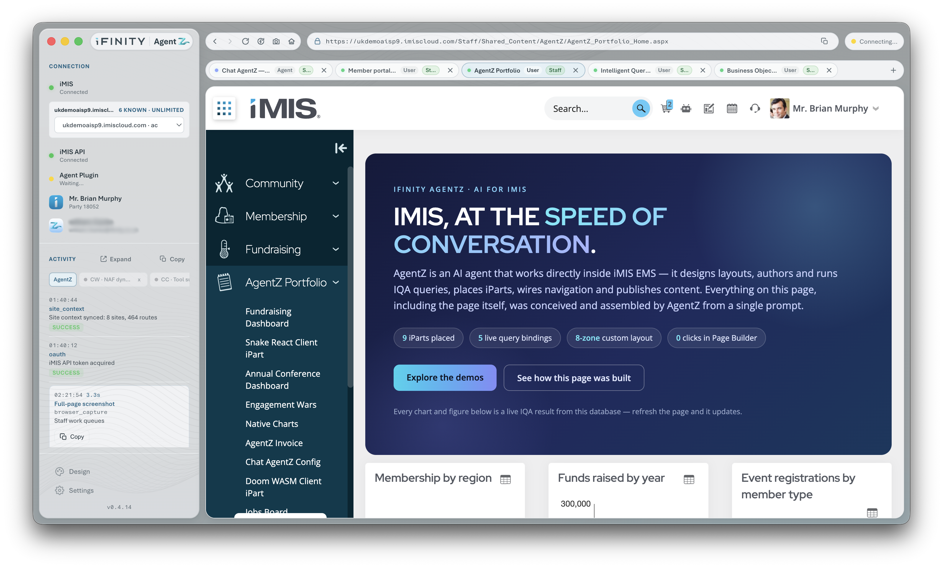AgentZ working alongside iMIS: a fundraising dashboard with giving history, fund performance, and donor segments